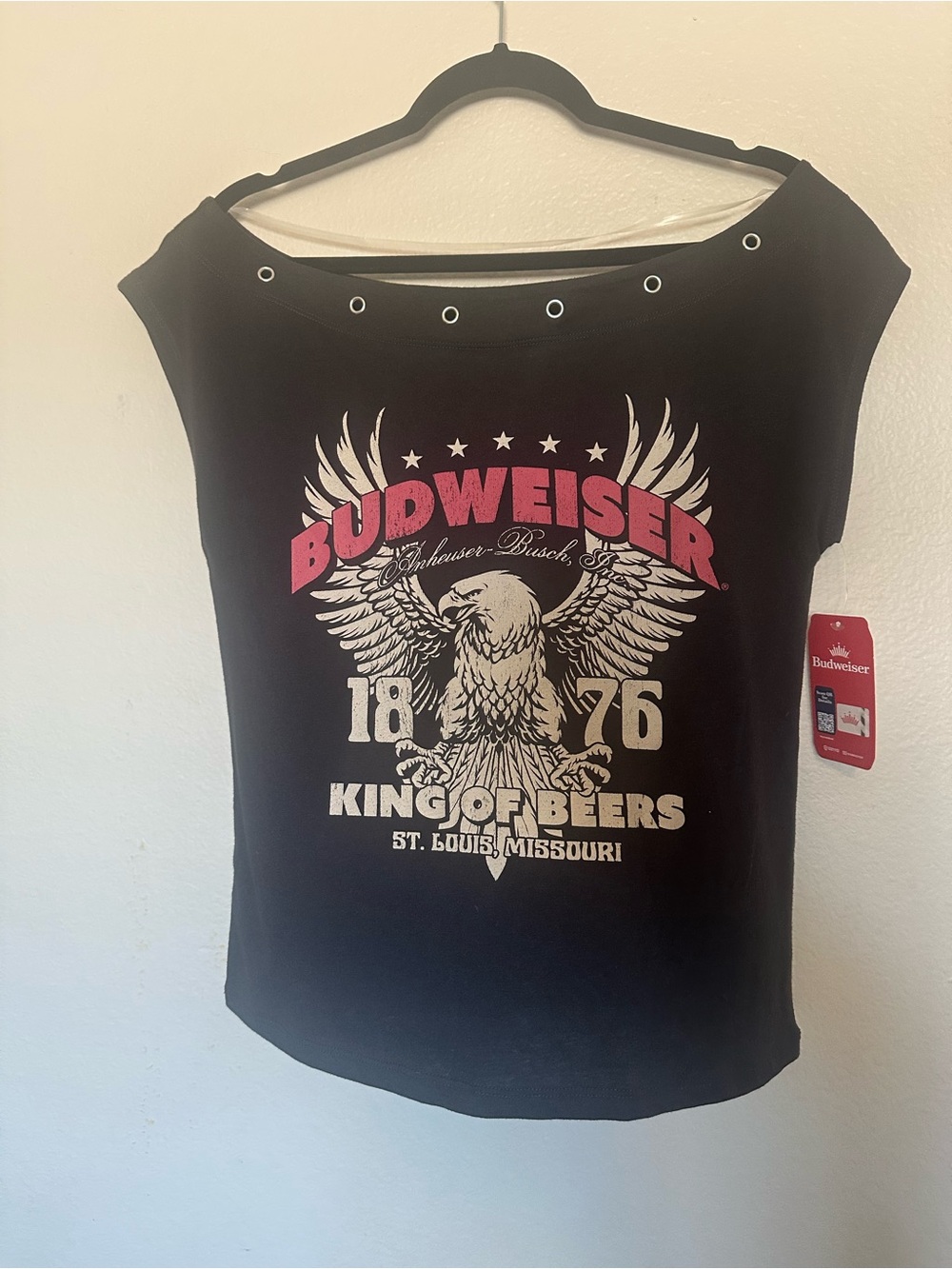 Budweiser Black Tee with Pink Logo and Cream Graphic